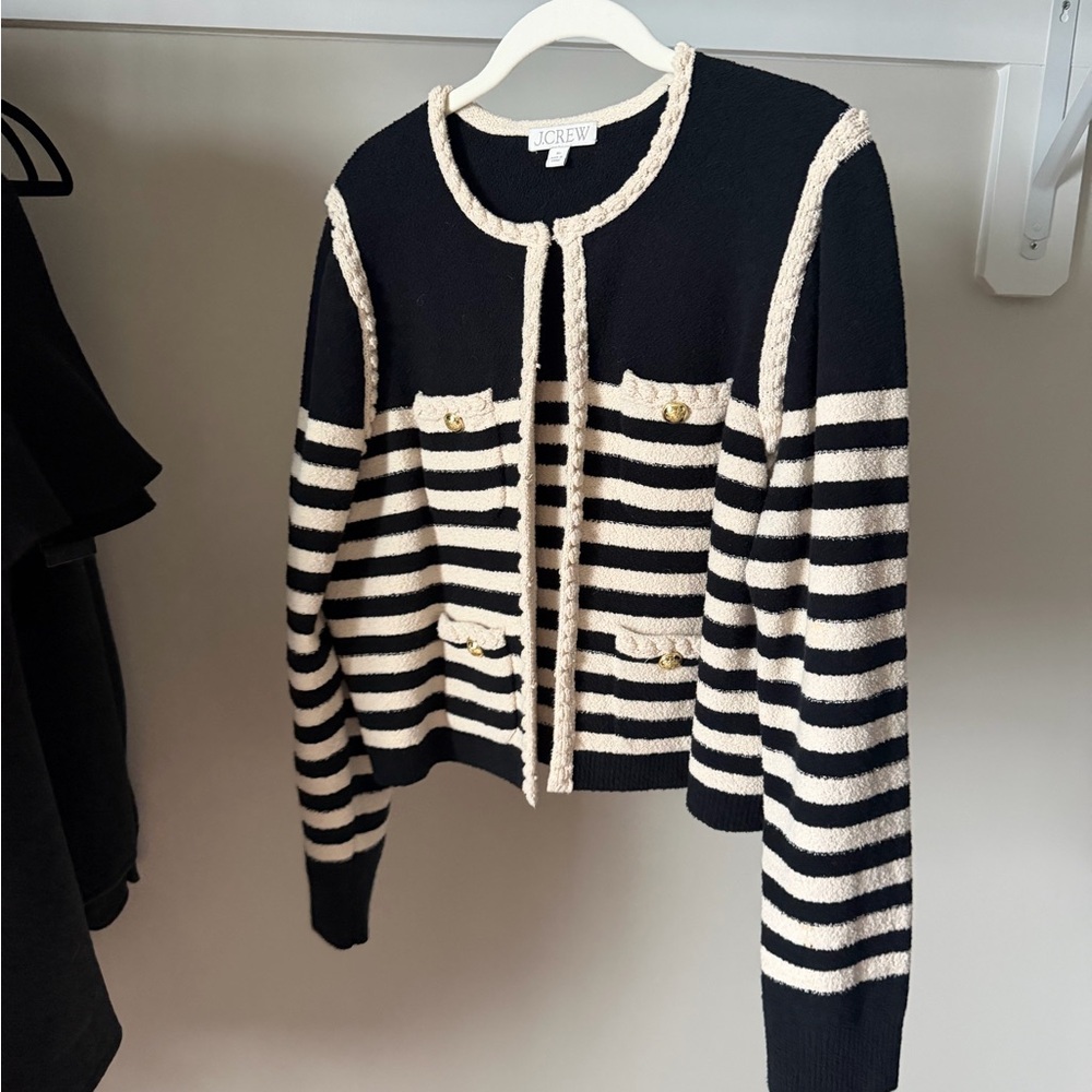 J.Crew Black & Cream Striped Knit Cardigan Sweater — Medium
